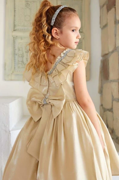 Kız Çocuk Göğsü Taş İşlemeli ve Fırfır Detaylı Bej Abiye - Resim 3