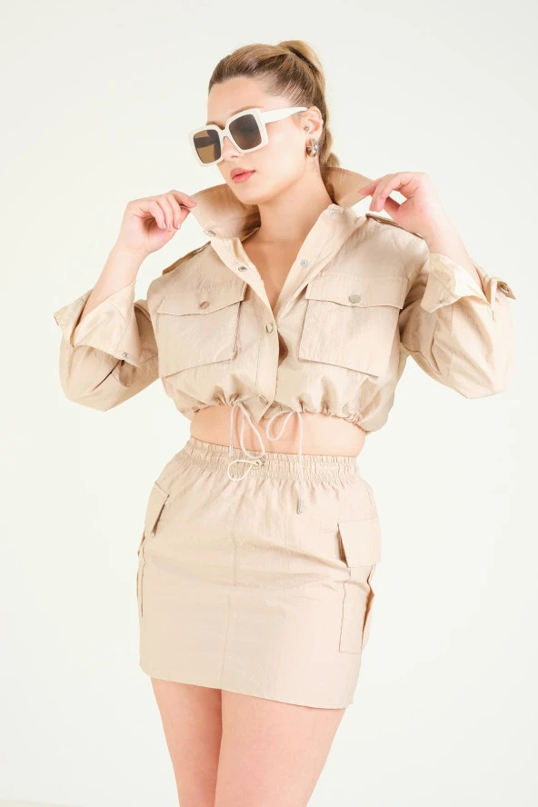 Kadın Paraşüt Crop Mont Açık Camel - 3