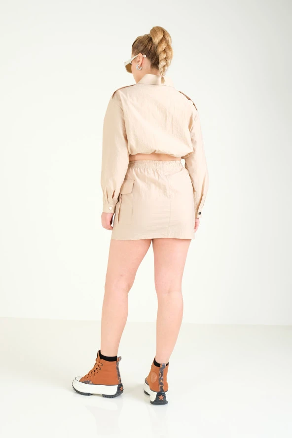 Kadın Paraşüt Crop Mont Açık Camel - 6