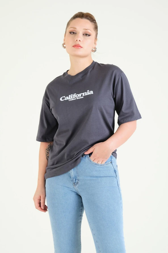 Kadın Baskılı Oversize T-Shirt Antrasit