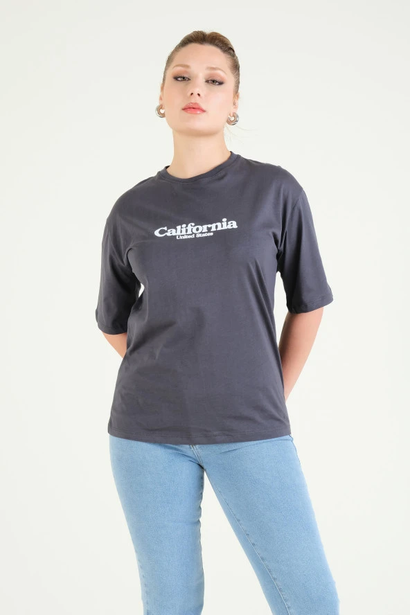Kadın Baskılı Oversize T-Shirt Antrasit - 2