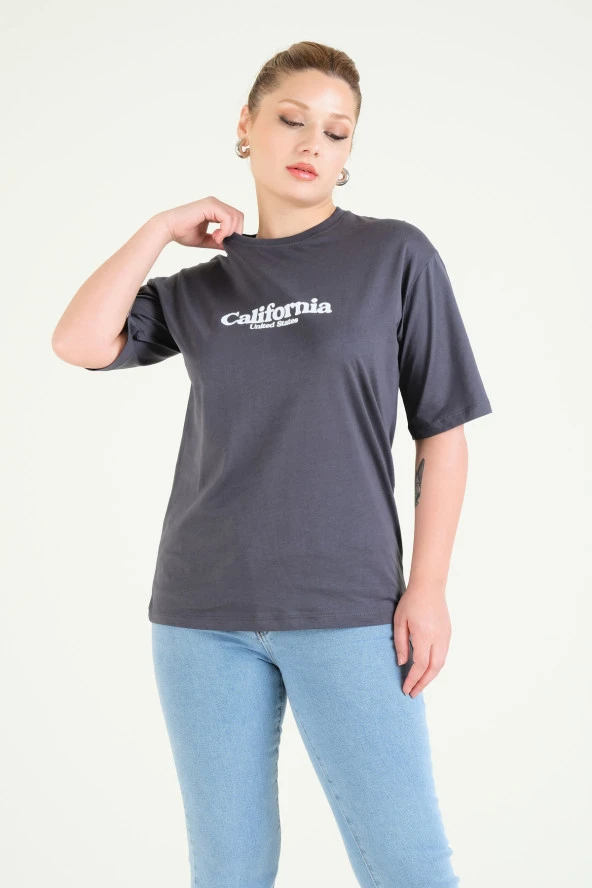 Kadın Baskılı Oversize T-Shirt Antrasit - 3