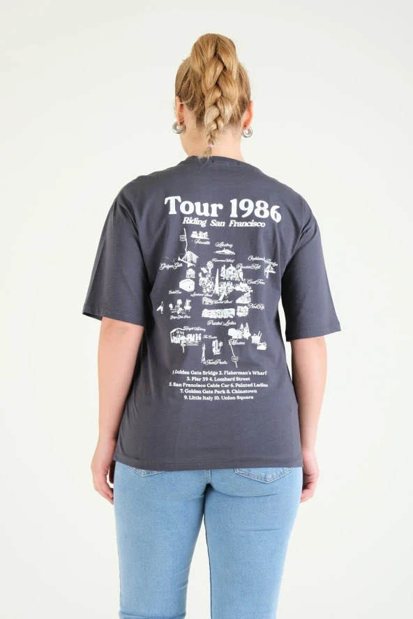 Kadın Baskılı Oversize T-Shirt Antrasit - 4