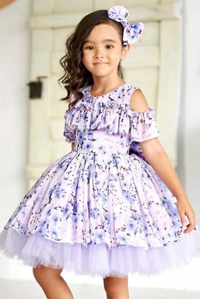 Kız Çocuk Omzu Açık Göğsü Fırfırlı Çiçek Detaylı Mor Abiye - Resim 2