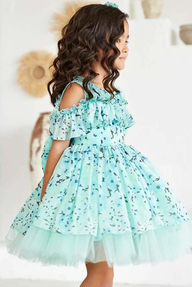Kız Çocuk Omzu Açık Göğsü Fırfırlı Çiçek Detaylı Yeşil Abiye - Resim 3