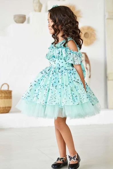 Kız Çocuk Omzu Açık Göğsü Fırfırlı Çiçek Detaylı Yeşil Abiye - Resim 4