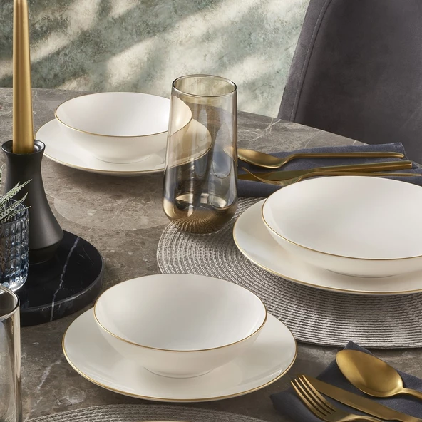GÜRAL PORSELEN Camelia 24 Parça 6 Kişilik Bone Yemek Takımı - Gold