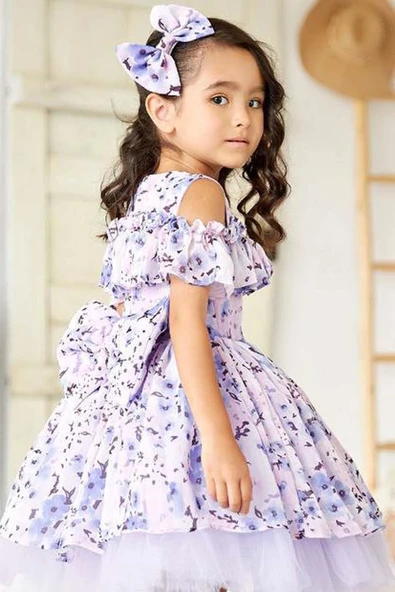 Kız Çocuk Omzu Açık Göğsü Fırfırlı Çiçek Detaylı Mor Abiye - Resim 4