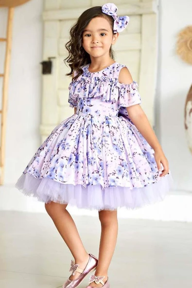 Kız Çocuk Omzu Açık Göğsü Fırfırlı Çiçek Detaylı Mor Abiye ürün görseli