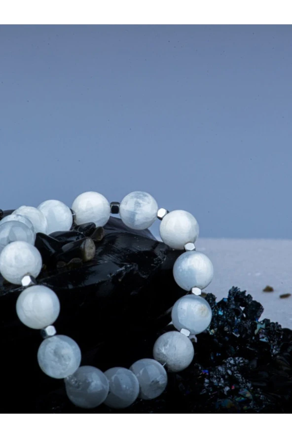 Selenit Doğal Taş Bileklik Gümüş Renk Hematitli - 4
