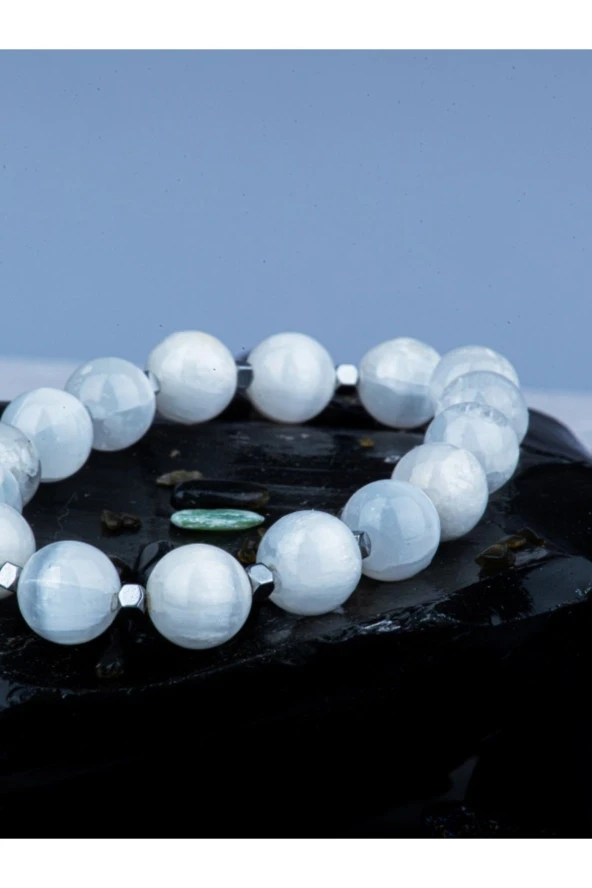 Selenit Doğal Taş Bileklik Gümüş Renk Hematitli - 5