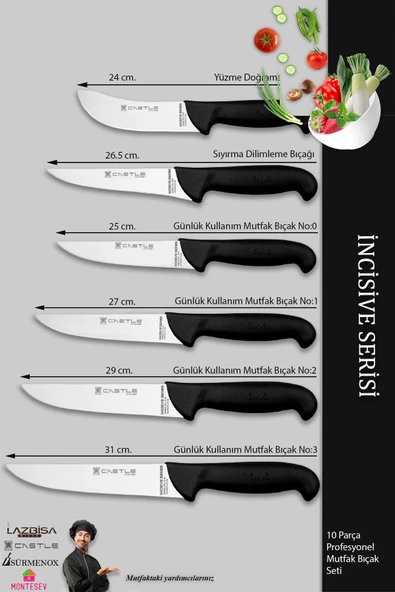 Lazbisa İncisive Serisi Mutfak Bıçak Seti Et Ekmek Sebze Börek Pide Şef Bıçağı Satırı 10 Lu Set ( Mft-423 ) - 2