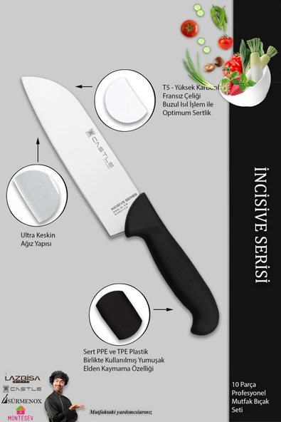 Lazbisa İncisive Serisi Mutfak Bıçak Seti Et Ekmek Sebze Börek Pide Şef Bıçağı Satırı 10 Lu Set ( Mft-423 ) - 4