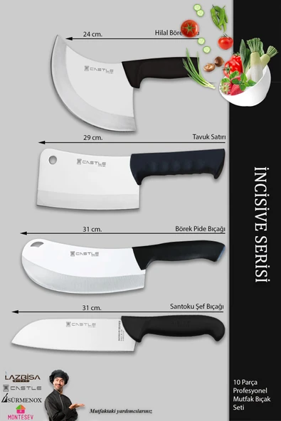 Lazbisa İncisive Serisi Mutfak Bıçak Seti Et Ekmek Sebze Börek Pide Şef Bıçağı Satırı 10 Lu Set ( Mft-423 ) - 3