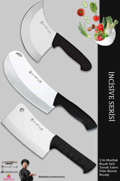 Lazbisa İncisive Serisi Mutfak Bıçak Seti Et Tavuk Satırı Pide Börek Pizza Salata Bıçağı 3 Lü Set ( Mft-857)
