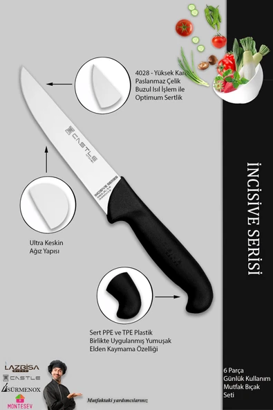 Lazbisa İncisive Serisi Mutfak Bıçak Seti Et Ekmek Sebze Bıçağı 6 Lı Set Günlük Kullanım ( Mft-2347 ) - Resim 3
