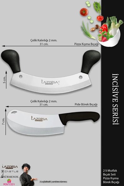Lazbisa İncisive Serisi Mutfak Bıçak Börek Bıçağı Pizza Pide Bıçağı Kıyma Bıçağı 2 Li Set ( Mft-758) - Resim 2