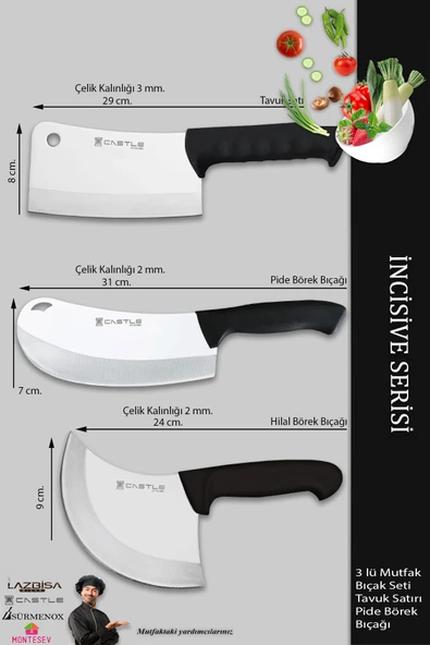 Lazbisa İncisive Serisi Mutfak Bıçak Seti Et Tavuk Satırı Pide Börek Pizza Salata Bıçağı 3 Lü Set ( Mft-857) - 2