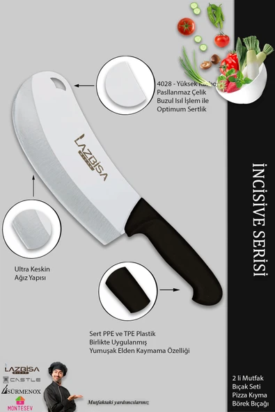 Lazbisa İncisive Serisi Mutfak Bıçak Börek Bıçağı Pizza Pide Bıçağı Kıyma Bıçağı 2 Li Set ( Mft-758) - Resim 3