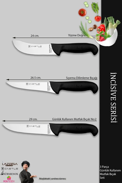 Lazbisa İncisive Serisi Mutfak Bıçak Seti Et Ekmek Sebze Bıçağı 3 Lü Set Günlük Kullanım ( Mft-080 ) - 2