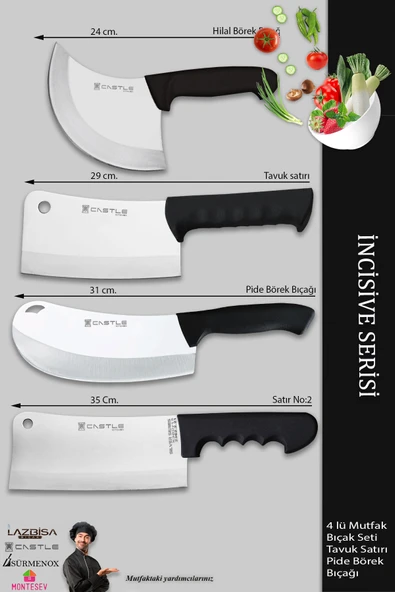 Lazbisa İncisive Serisi Mutfak Bıçak Seti Et Tavuk Kemik Satırı Pide Börek Pizza Bıçağı 4 Lü Set ( Mft-748 ) - Resim 2