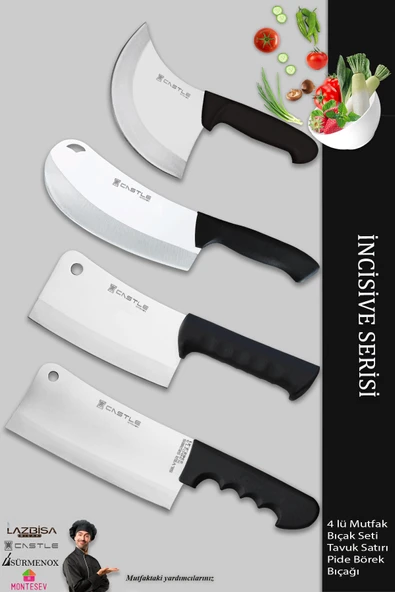 Lazbisa İncisive Serisi Mutfak Bıçak Seti Et Tavuk Kemik Satırı Pide Börek Pizza Bıçağı 4 Lü Set ( Mft-748 )