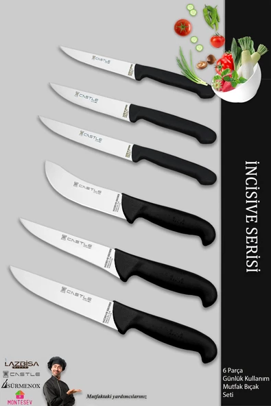 Lazbisa İncisive Serisi Mutfak Bıçak Seti Et Ekmek Sebze Bıçağı 6 Lı Set Günlük Kullanım ( Mft-2347 )
