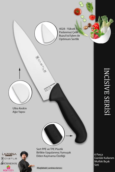 Lazbisa İncisive Serisi Mutfak Bıçak Seti Et Ekmek Sebze Şef Bıçağı 6 Lı Set Günlük Kullanım ( Mft-258 ) - Resim 4