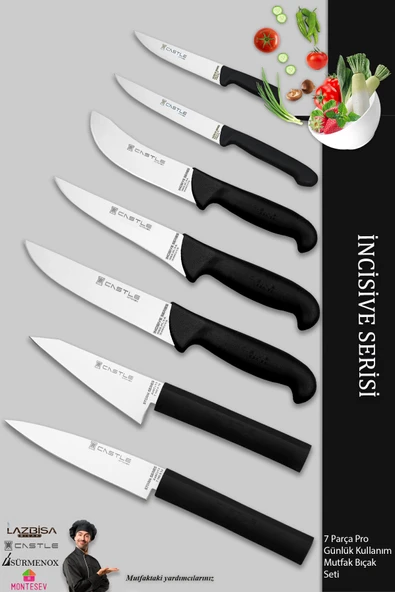 Lazbisa İncisive Serisi Mutfak Bıçak Seti Et Ekmek Sebze Şef Bıçağı 7 Li Set Günlük Kullanım ( Mft-105 )