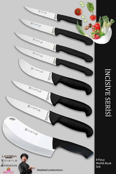 Lazbisa İncisive Serisi Mutfak Bıçak Seti Et Ekmek Sebze Börek Pide Şef Bıçağı 8 Li Set ( Mft-271 )