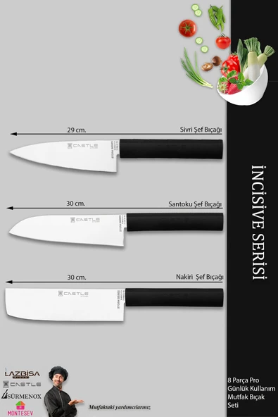 Lazbisa İncisive Serisi Mutfak Bıçak Seti Et Ekmek Sebze Şef Bıçağı 8 Li Set Günlük Kullanım ( Mft-102 ) - 3
