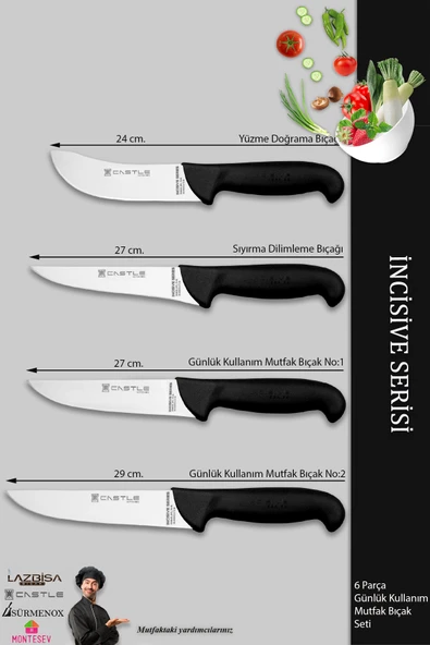 Lazbisa İncisive Serisi Mutfak Bıçak Seti Et Ekmek Sebze Şef Bıçağı 6 Lı Set Günlük Kullanım ( Mft-258 ) - Resim 2