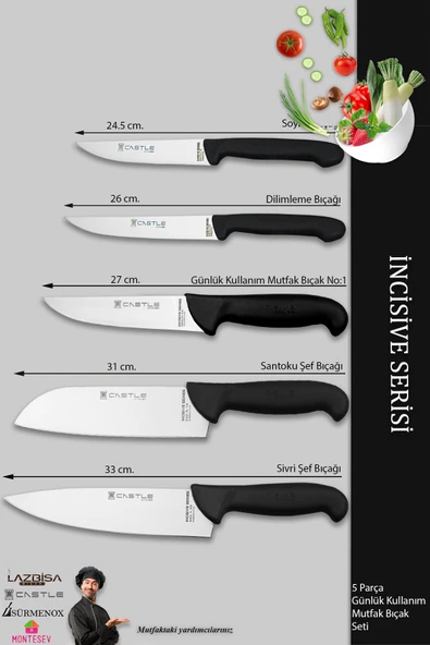 Lazbisa İncisive Serisi Mutfak Bıçak Seti Et Ekmek Sebze Şef Bıçağı 5 Li Set Günlük Kullanım ( Mft-090 ) - 2