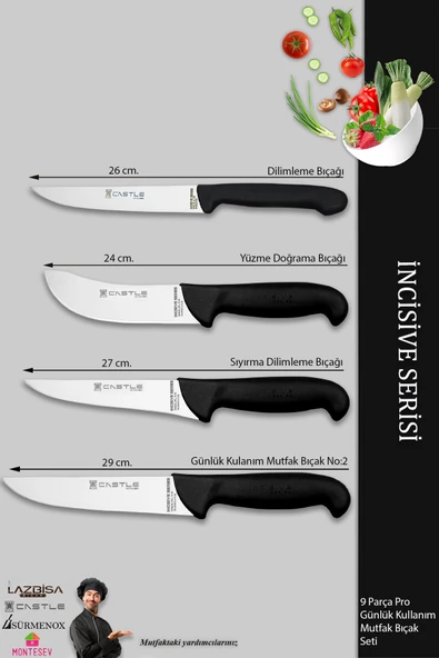 Lazbisa İncisive Serisi Mutfak Bıçak Seti Et Ekmek Sebze Şef Bıçağı 9 Lu Set Günlük Kullanım ( Mft-748 ) - 2