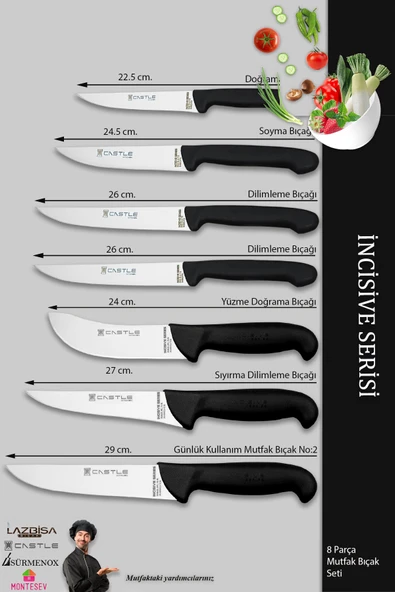 Lazbisa İncisive Serisi Mutfak Bıçak Seti Et Ekmek Sebze Börek Pide Şef Bıçağı 8 Li Set ( Mft-271 ) - 2