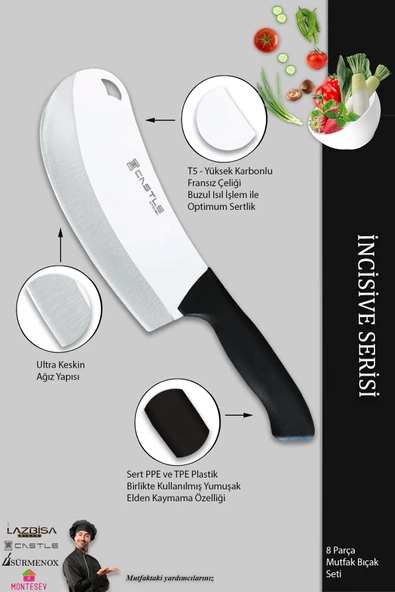 Lazbisa İncisive Serisi Mutfak Bıçak Seti Et Ekmek Sebze Börek Pide Şef Bıçağı 8 Li Set ( Mft-271 ) - 4