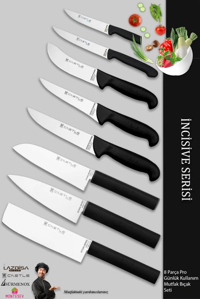Lazbisa İncisive Serisi Mutfak Bıçak Seti Et Ekmek Sebze Şef Bıçağı 8 Li Set Günlük Kullanım ( Mft-102 )