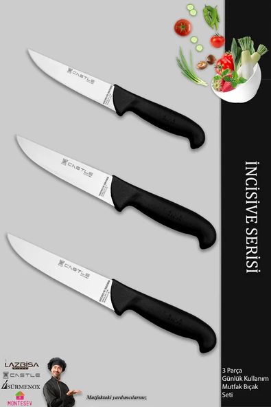 Lazbisa İncisive Serisi Mutfak Bıçak Seti Et Ekmek Sebze Bıçağı 3 Lü Set Günlük Kullanım ( Mft-247 )