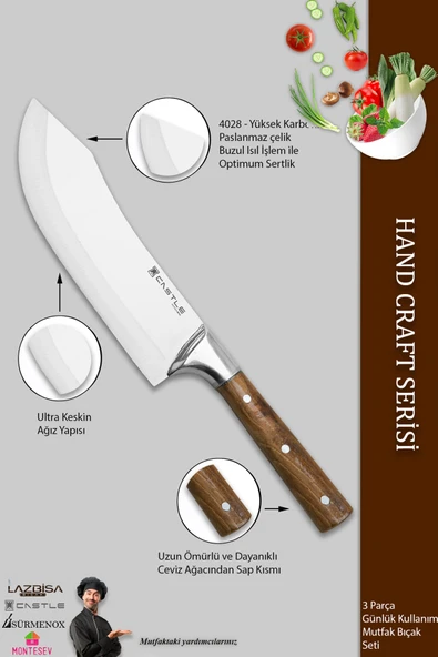 Lazbisa Hand Craft Mutfak Bıçak Seti Et Ekmek Sebze Salata Şef Bıçağı 3 Lü Set Günlük Kullanım ( Mft-090 ) - 3