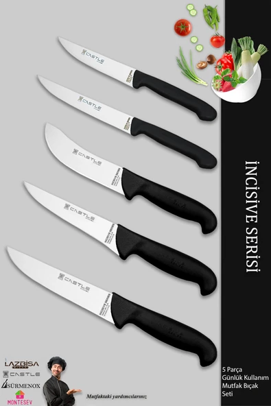 Lazbisa İncisive Serisi Mutfak Bıçak Seti Et Ekmek Sebze Bıçağı 5 Li Set Günlük Kullanım ( Mft-078 )