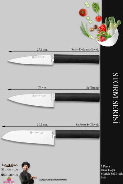Lazbisa Storm Serisi Mutfak Bıçak Seti Et Ekmek Sebze Şef Bıçağı 3 Lü Set ( Mft-856) - 2