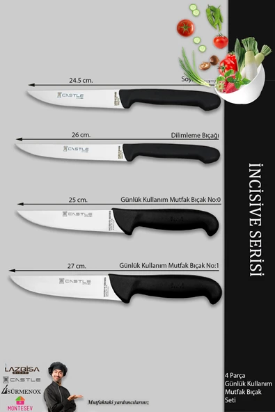 Lazbisa İncisive Serisi Mutfak Bıçak Seti Et Ekmek Sebze Bıçağı 4 Lü Set Günlük Kullanım ( Mft-079 ) - Resim 2
