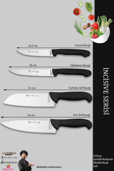 Lazbisa İncisive Serisi Mutfak Şef Bıçak Seti Et Ekmek Sebze Şef Bıçağı 4 Lü Set Günlük Kullanım ( Mft-963 ) - Resim 2
