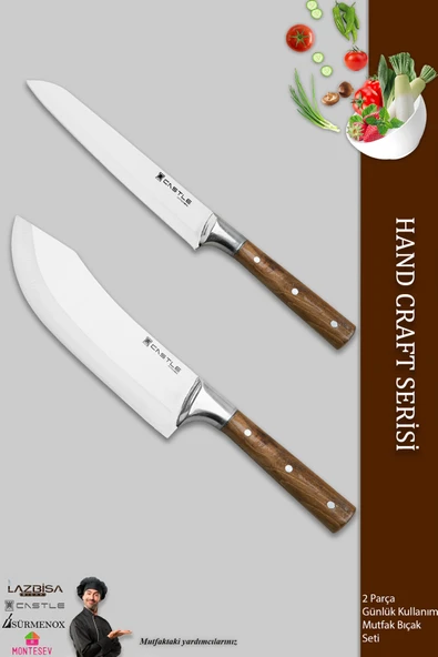 Lazbisa Hand Craft Mutfak Bıçak Seti Et Ekmek Sebze Şef Bıçağı 2 Li Set Günlük Kullanım ( Mft-2458 )