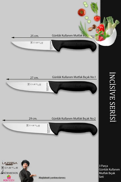 Lazbisa İncisive Serisi Mutfak Bıçak Seti Et Ekmek Sebze Bıçağı 3 Lü Set Günlük Kullanım ( Mft-247 ) - 2