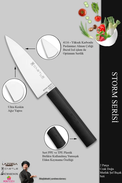 Lazbisa Storm Serisi Mutfak Bıçak Seti Et Ekmek Sebze Şef Bıçağı 2 Li Set ( Mft-254) - Resim 3