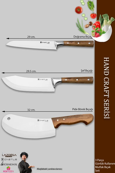 Lazbisa Hand Craft Mutfak Bıçak Seti Et Ekmek Sebze Salata Şef Bıçağı 3 Lü Set Günlük Kullanım ( Mft-090 ) - 2