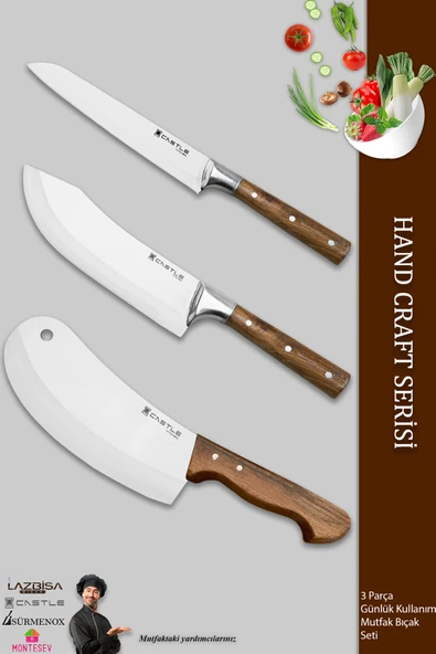 Lazbisa Hand Craft Mutfak Bıçak Seti Et Ekmek Sebze Salata Şef Bıçağı 3 Lü Set Günlük Kullanım ( Mft-090 )