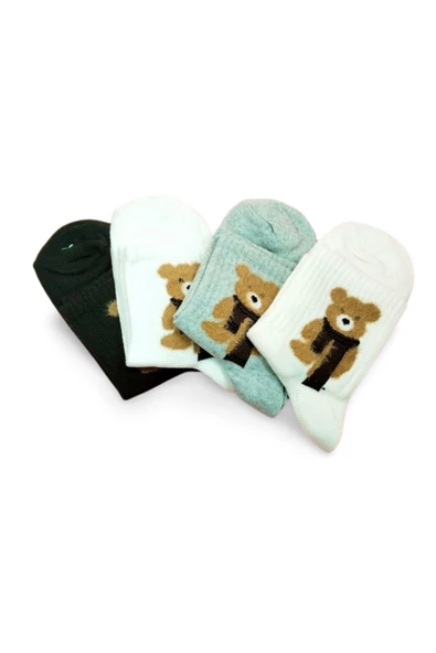 Peluş Ayıcık İşlemeli Kadın Soket Çorap 4 Çift - 2