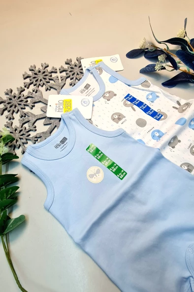 Erkek Bebek Mavi  Hello Baby Yazlık Kolsuz Çıtçtıtlı Body Tulum 2 Adet - 3